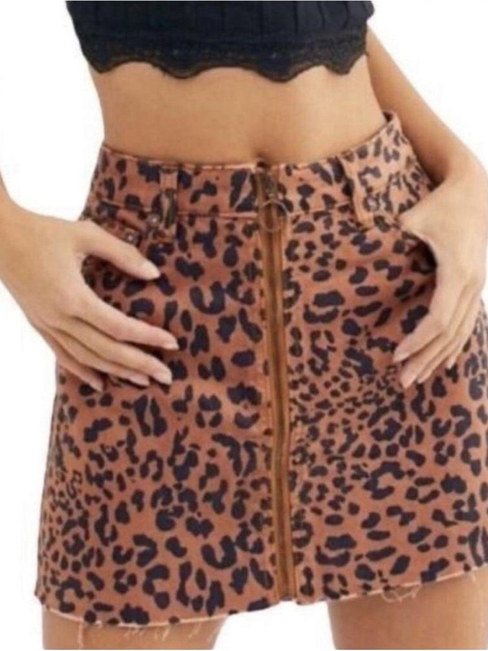 Free People Leopard-Print Front Zip Mini Skirt - Brown/Black